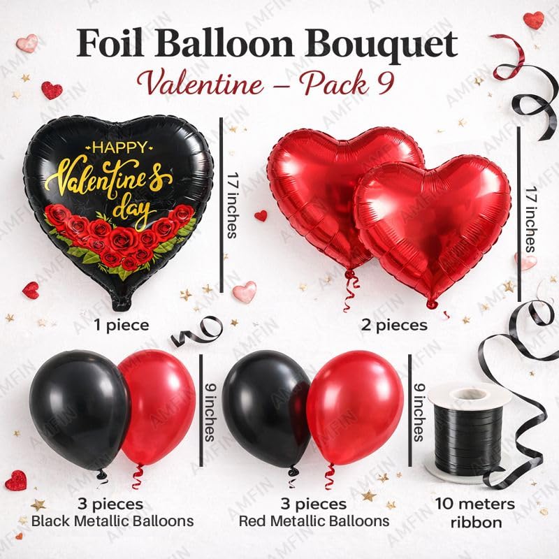 Image of AMFIN (Pack of 9) Happy Valentine's Day Balloon Decoration Set | Romantic Heart Foil Bouquet Metallic Helium Bunch Proposal Anniversary Celebration Party Decor - Red Black