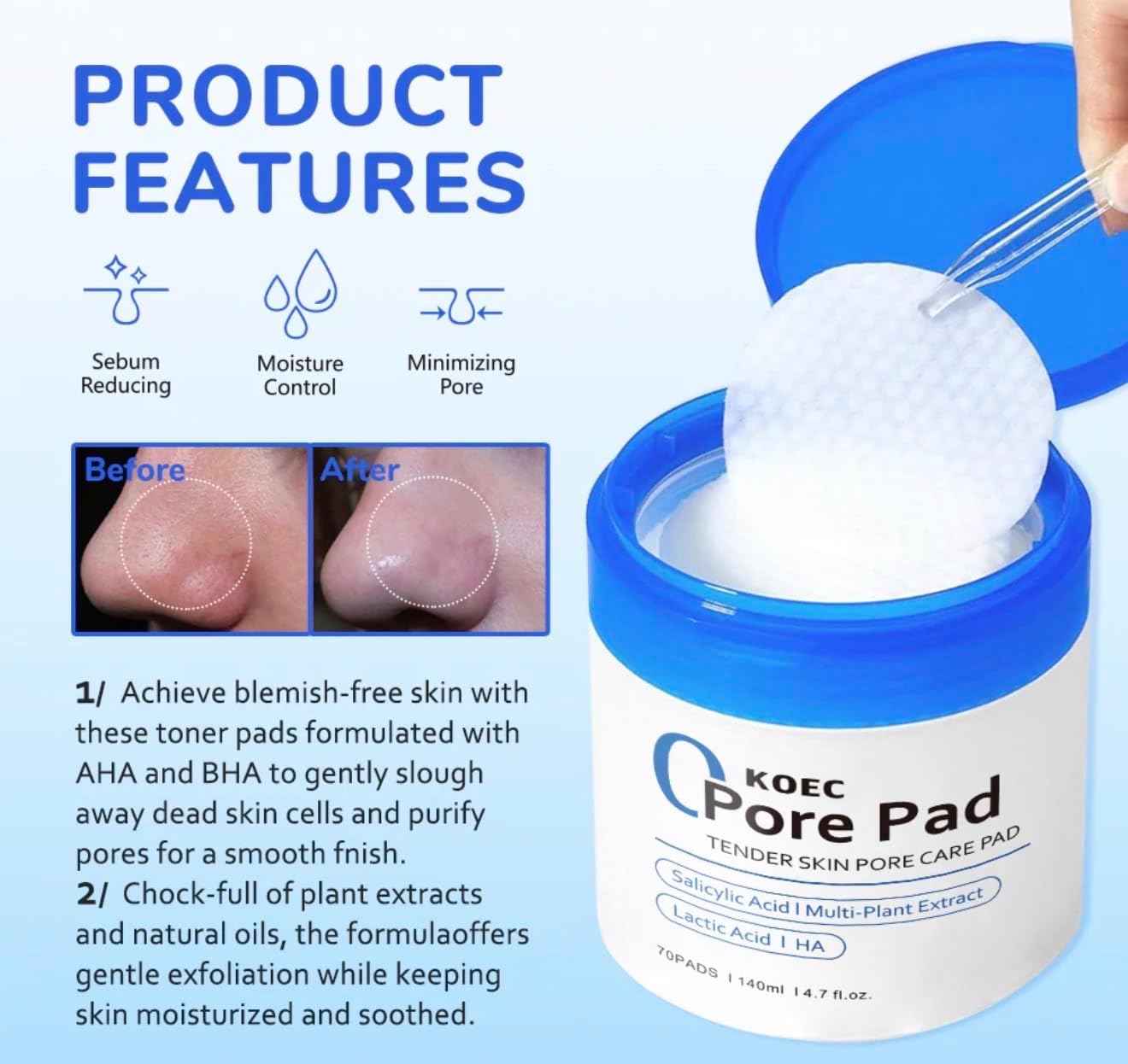 Beautivana KOEC Korean Clean Pore Toner Pads 2.0 Facial Toner Pads with AHA/BHA niacinamide, Exfoliating Toner Pad- 70 Count-2packs - Image 3