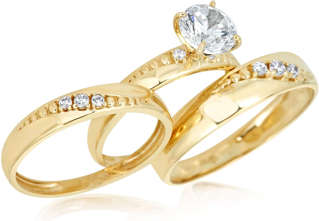 AVORA 10K Yellow Gold 1.25 Carat Simulated Diamond CZ Engagement Wedding Band Trio Ring Set