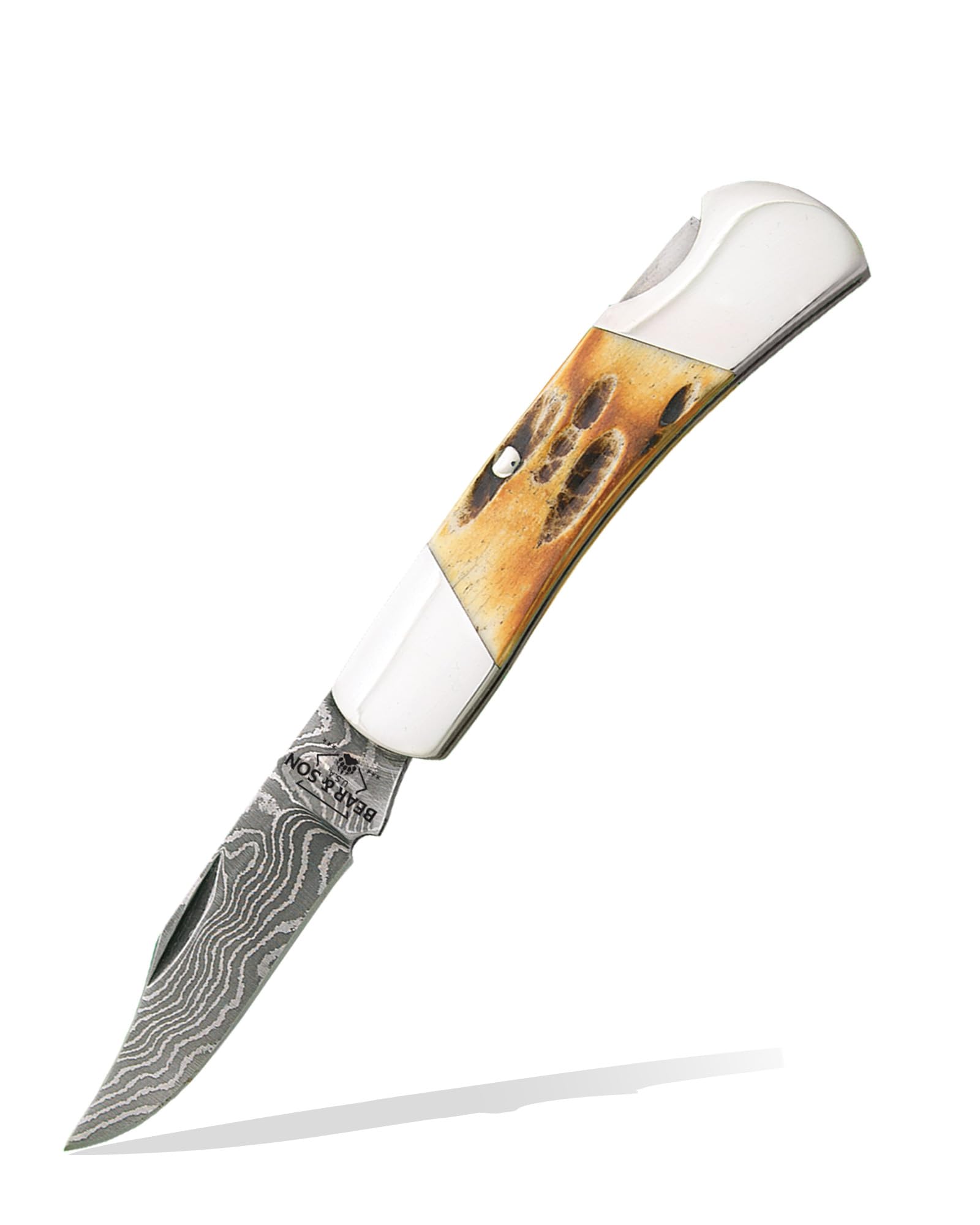 Bear & Son 526D Executive Lockback Folding Knife, 2.25" Clip Point Damascus Steel Blade, Manual Nail Nick Opener, Lockback Mechanism, Genuine India Stag Bone Handle, Lightweight EDC, Made in USA