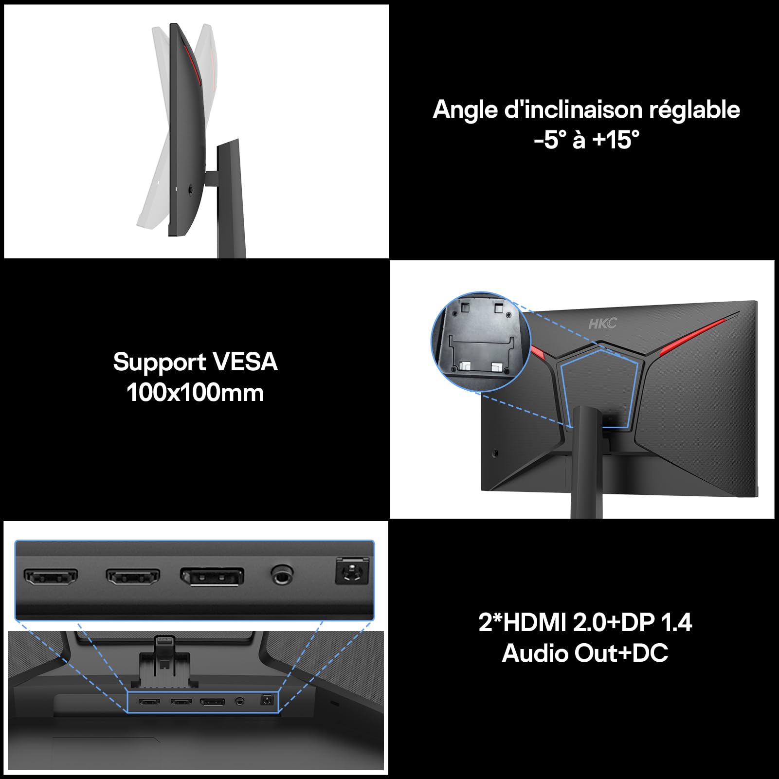 HKC 24-calowy monitor gier, Full HD (1920 × 1080), 240 Hz Fast IPS, 1ms, HDR400, 90% DCI-P3, do 260 Hz z możliwością podkręcenia, VESA 100 × 100, filtr niebieskiego światła, HDMI 2.0 i DisplayPort 1.4