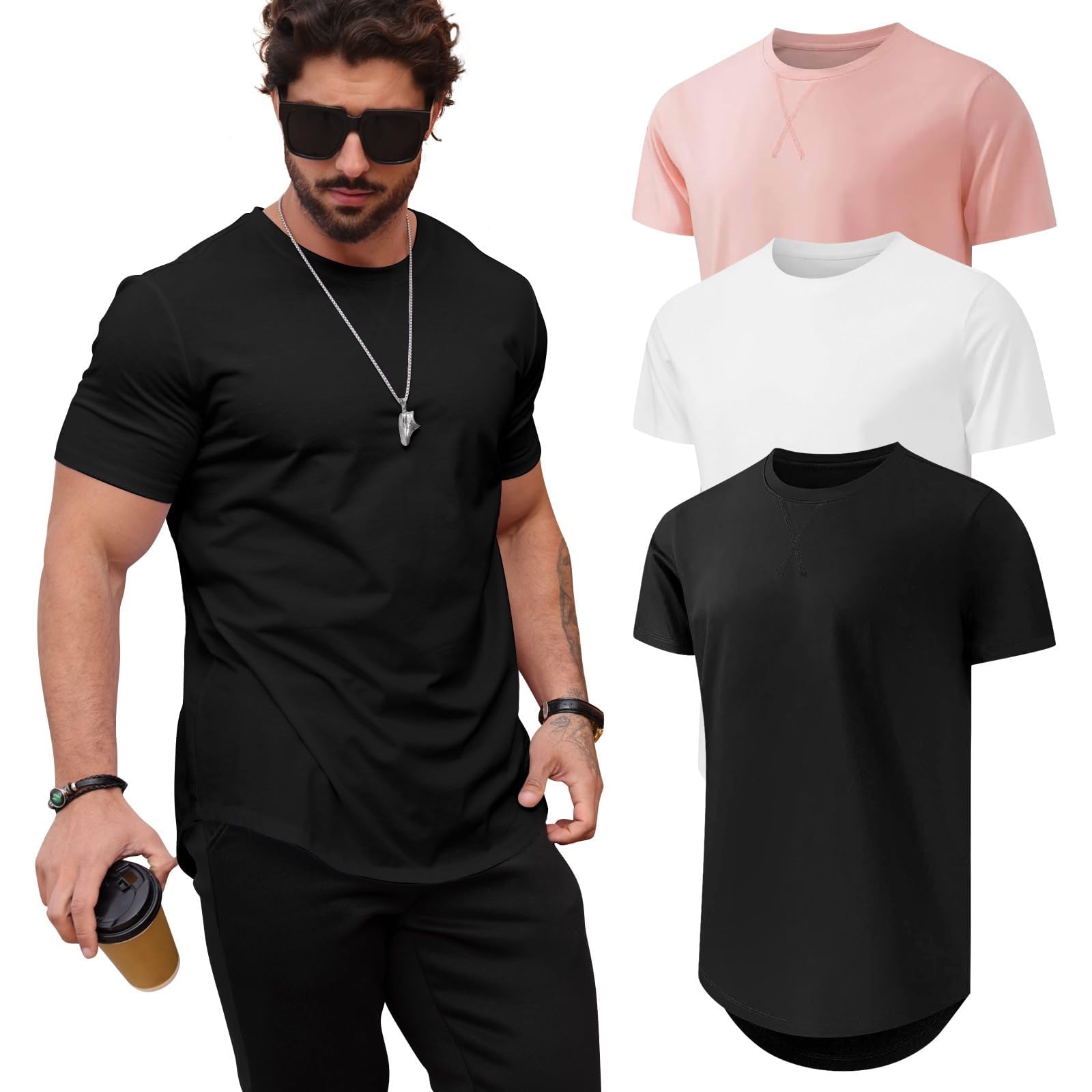 Mens T Shirts Casual Hipster Hip Hop Longline Crewneck Tee Shirts