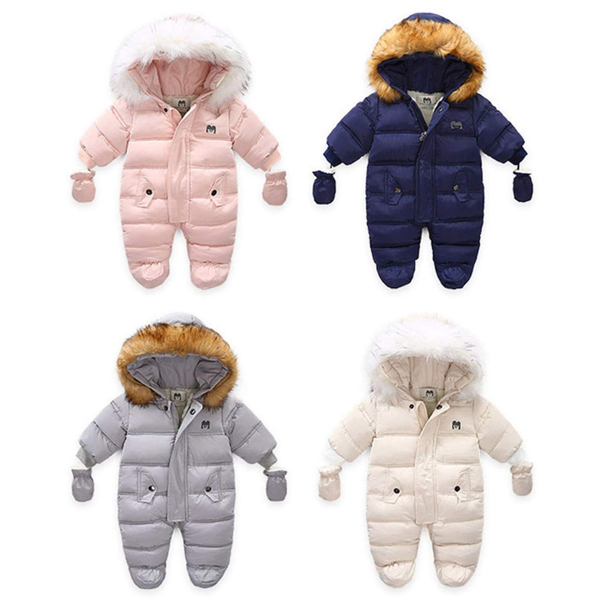 JELEUON Baby Girls Boys One Piece Footed Hooded Fur Trim Winter Warm Down Jacket Jumpsuit Romper Snowsuit with Gloves Beige