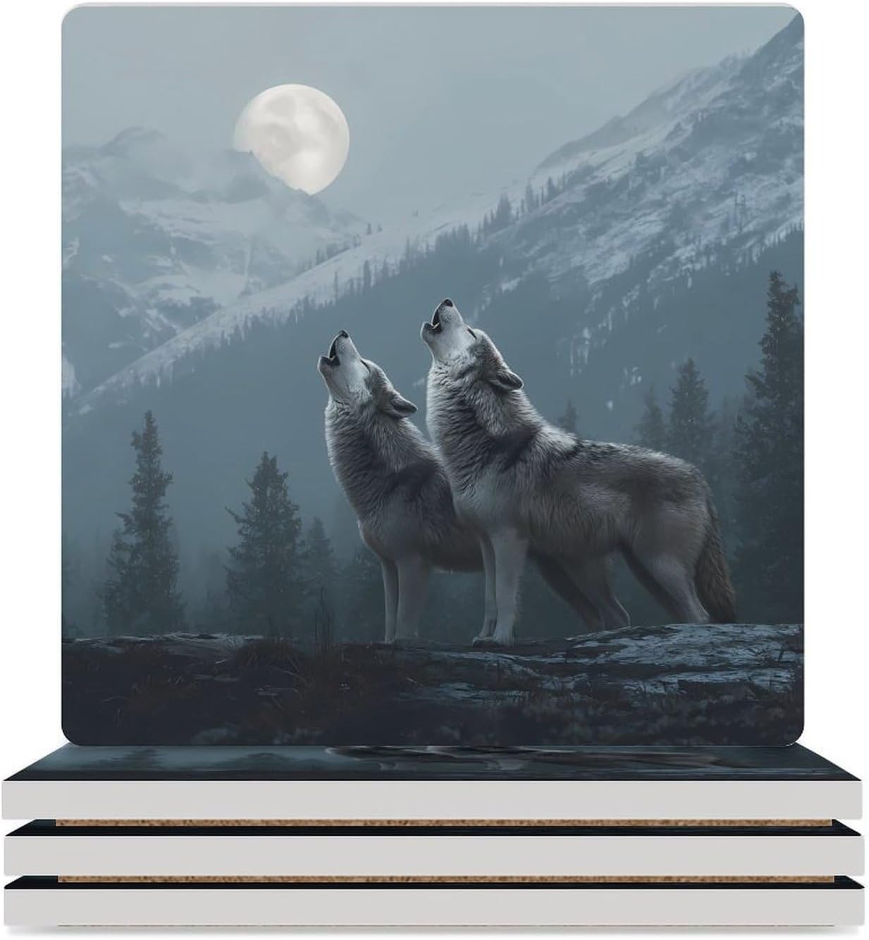 Howling Wolf Print Coaster for Drinks Square Ceramic Table Coasters Stone Mat Crafts 6PCS Home Kitchen Decor