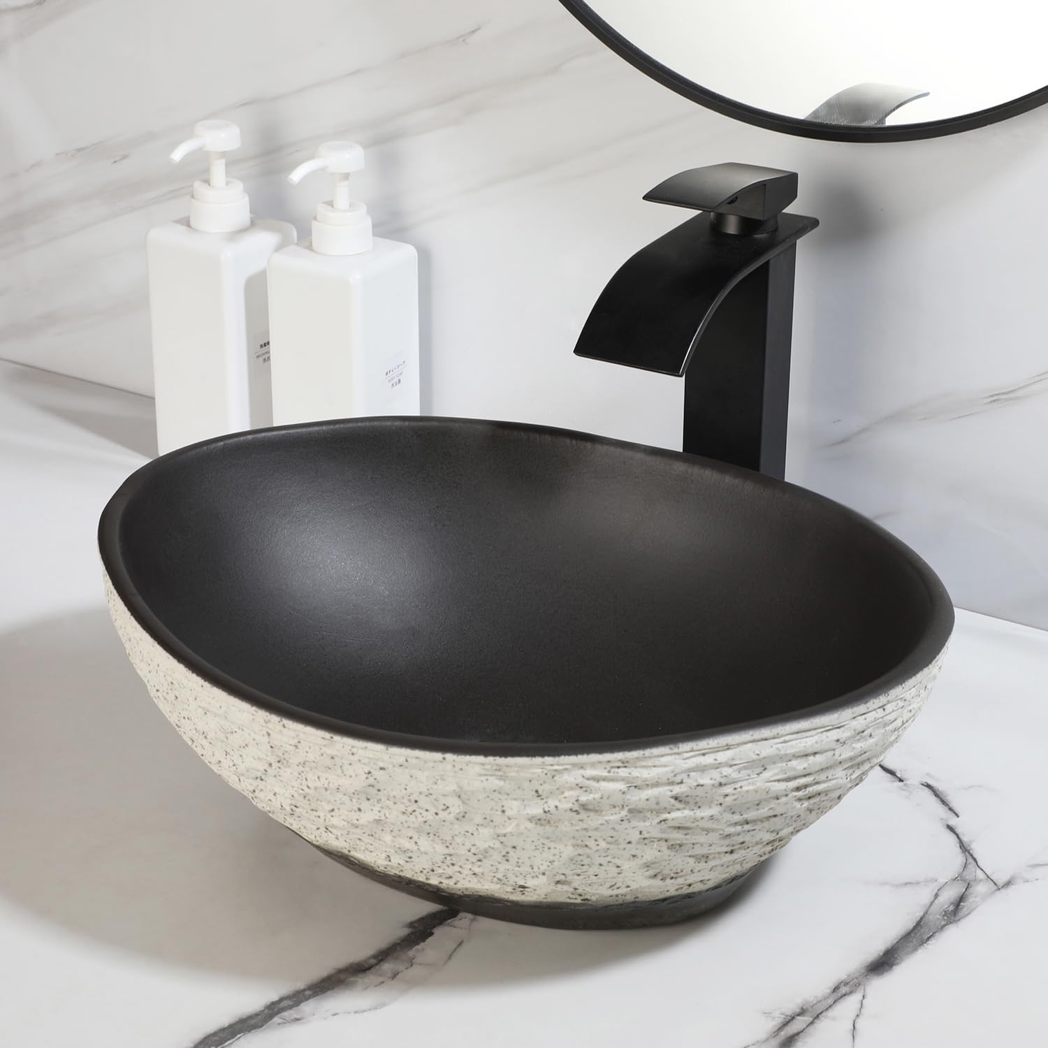 Stone Bathroom Sink Basin with Waterfall Faucet and Pop-up Drain Combo,16 Inch White Vessel Sink Above Counter Hand-Carved Oval Bathroom Vessel Sink Bowl