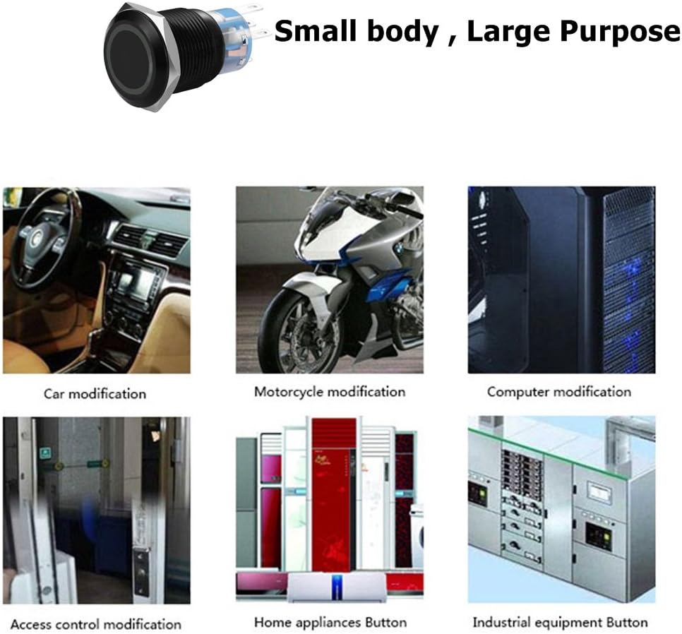 19mm Latching Push Button Switches SPDT ON/Off Waterproof Black Metal 12V Ring LED with Wire Plug (Red)