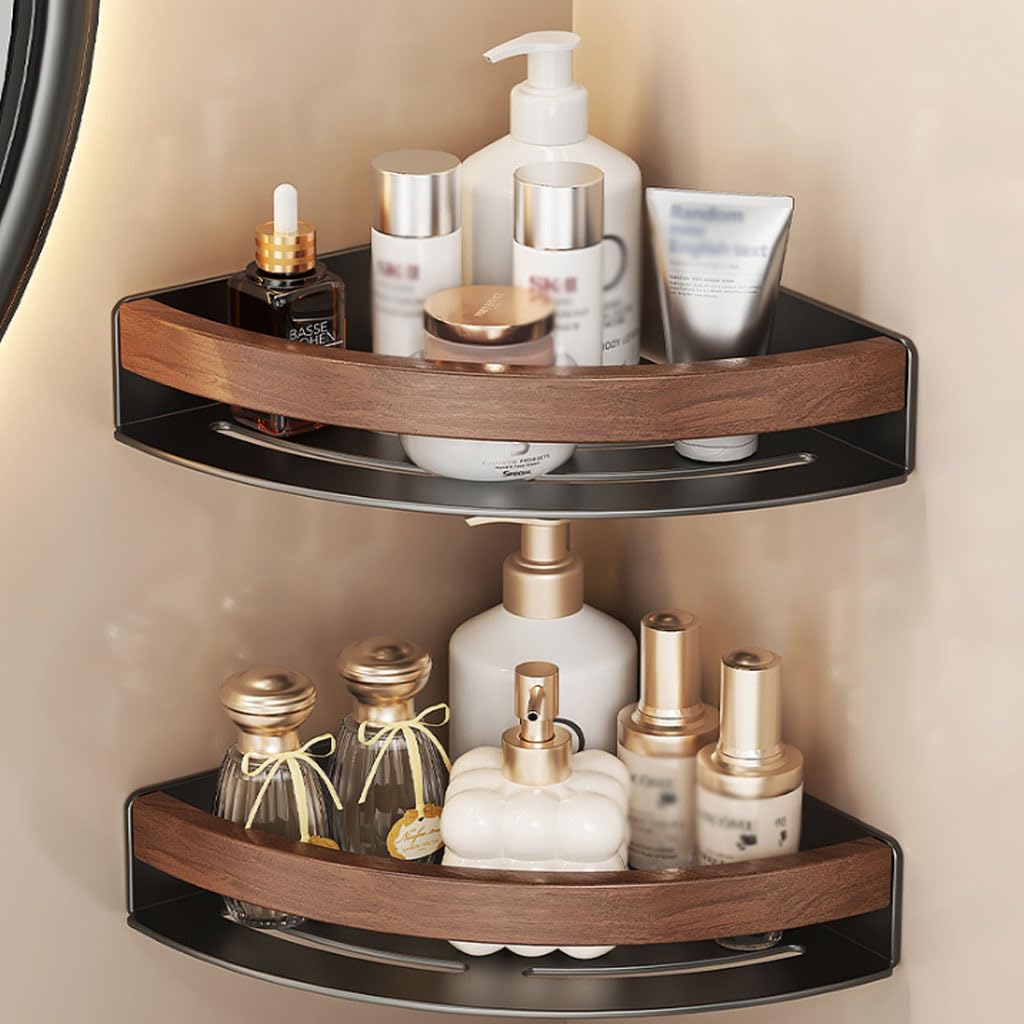 Estante de Ducha sin taladrar, Estante de Pared de 2 Niveles de Metal con Apariencia de Madera, Estante de Esquina ahorrador de Espacio Organizador de baño para baño, Inodoro, Lavabo