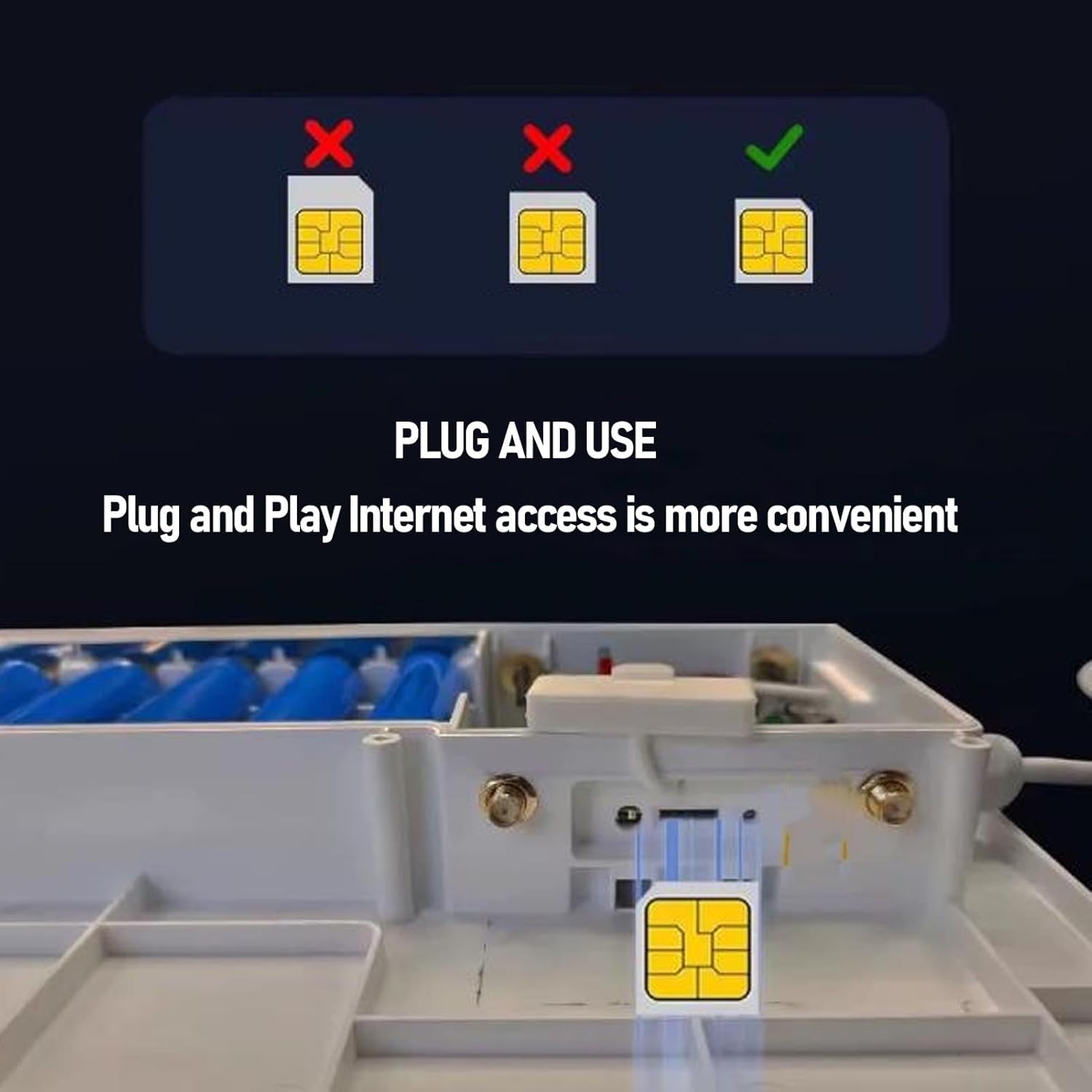 Close-up of the ASHATA router's SIM card slot with a SIM card being inserted.