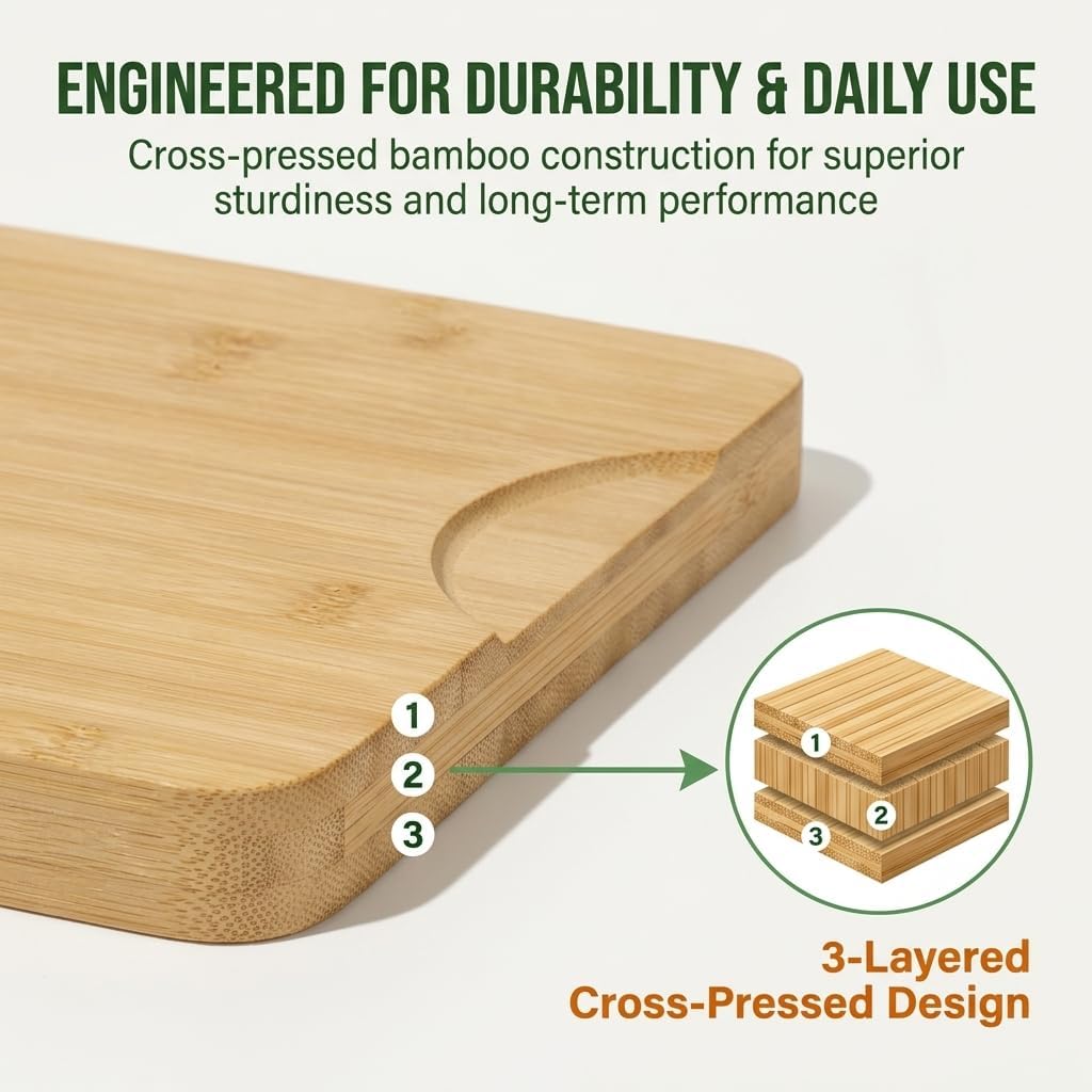 Bamboo Cutting Board Set of 3 with Vertical Stand | Deep Liquid Grooves & Anti-Slip Handles | Heavy Duty Wood Chopping Boards for Kitchen | Natural, Sustainable & Knife-Friendly