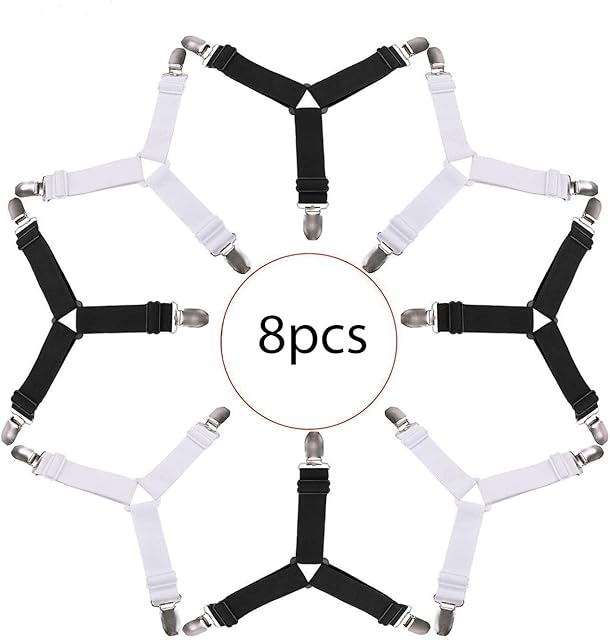 BetterJonny 8pcs Triangle Sheet Fasteners, Adjustable Bed Sheet Holders Fasteners Suspenders Straps Grippers Clips Black and White