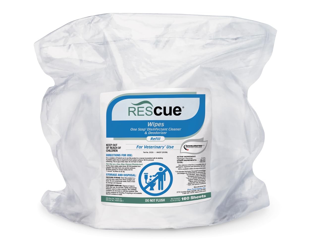 REScue One-Step Disinfectant Cleaner &amp; Deodorizer Wipes for Vet Use – Cleaner for Kennels, Litter Boxes, Vet Offices, Pet Grooming Surfaces – Extra Large Wipes, 160-Count Bucket Refill (1 Pack)
