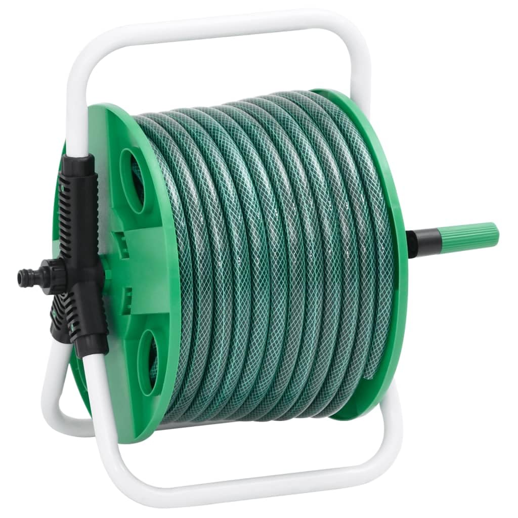 Avvolgitubo autoportante verde con tubo in PVC da 30 m, supporto in acciaio zincato, salvaspazio e antiruggine, per giardino, terrazza, balcone, officina, irrigazione esterna