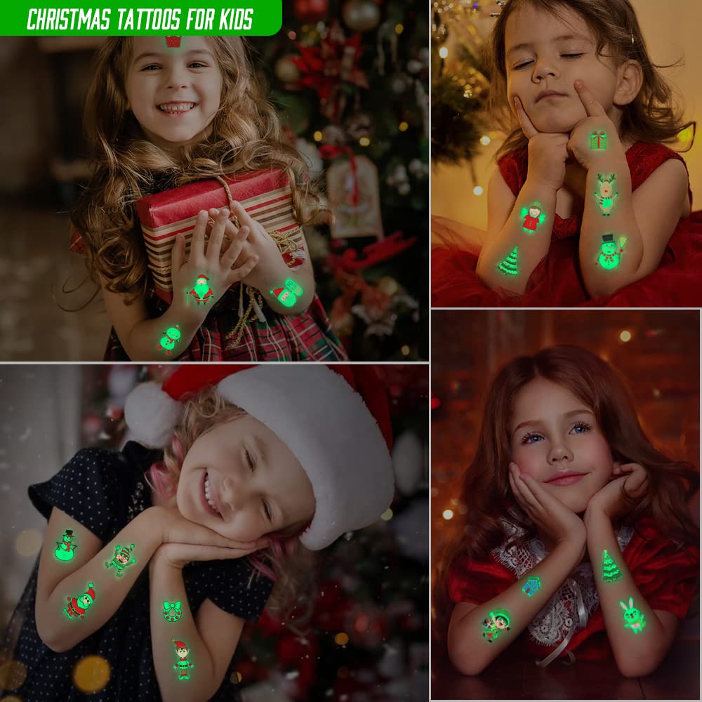 Christmas Temporary Tattoos for Kids - 10 Sheets 99pcs Waterproof Mixed Style Cartoon Christmas Elements Fake Tattoo, Glow in The Dark Reindeer Santa bells owls Christmas trees candles etc Tattoo Decoration for Boys Girls, Party Supplies Favor