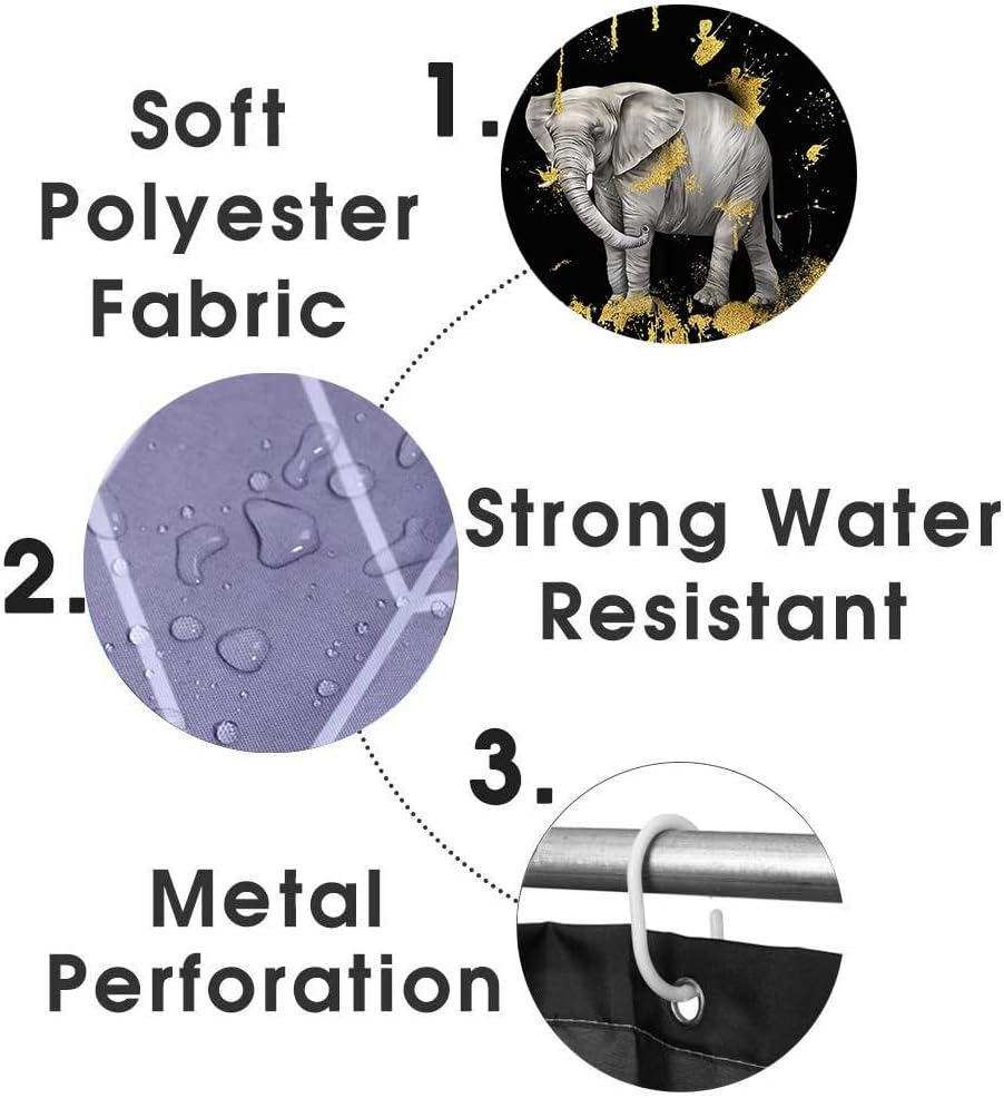 Fashion&Man OLEBETY 4PCS Cute Elephant Shower Curtain Set, African Wild Animal Wildlife Safari Glam Modern Bathroom Decor, Waterproof Fabric Black Curtain, Non-slip Bath Mat Toilet Rug, Gold Glitter