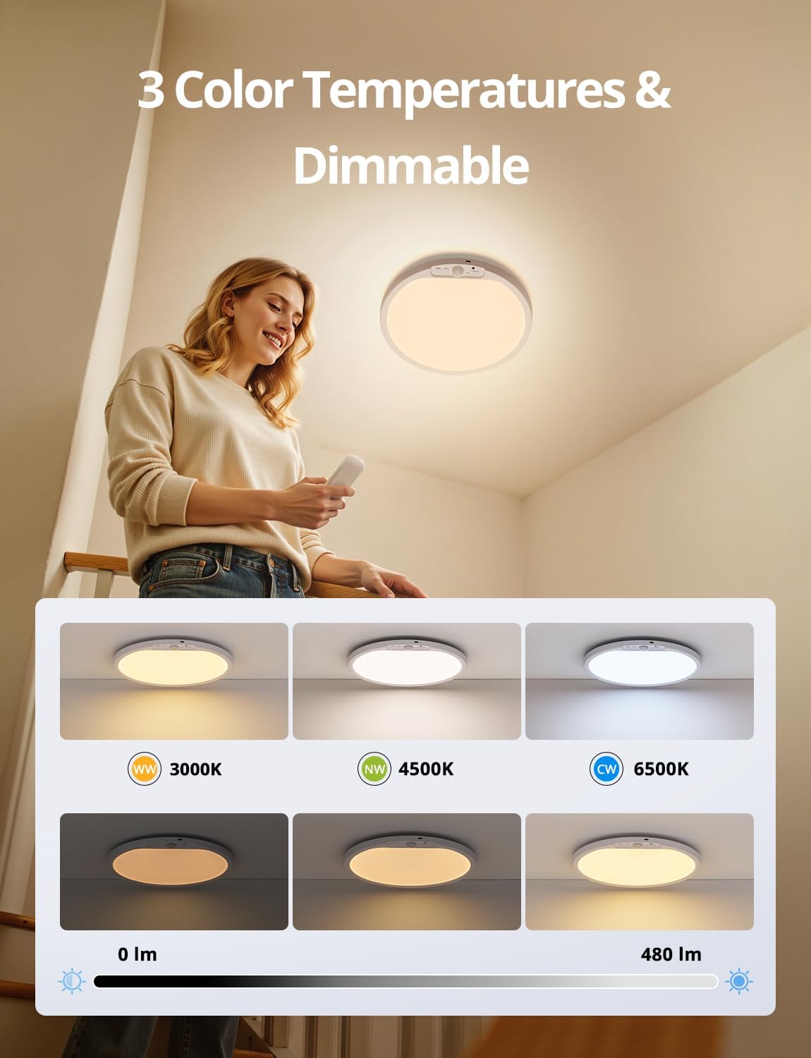 Combuh Rechargeable Battery Operated Ceiling Light for Shower Inside Wireless, 105 Day Battery Life Powered 11.8Inch Bright Waterproof Magnetic RGB Overhead Lighting without Wiring for Closet Bathroom