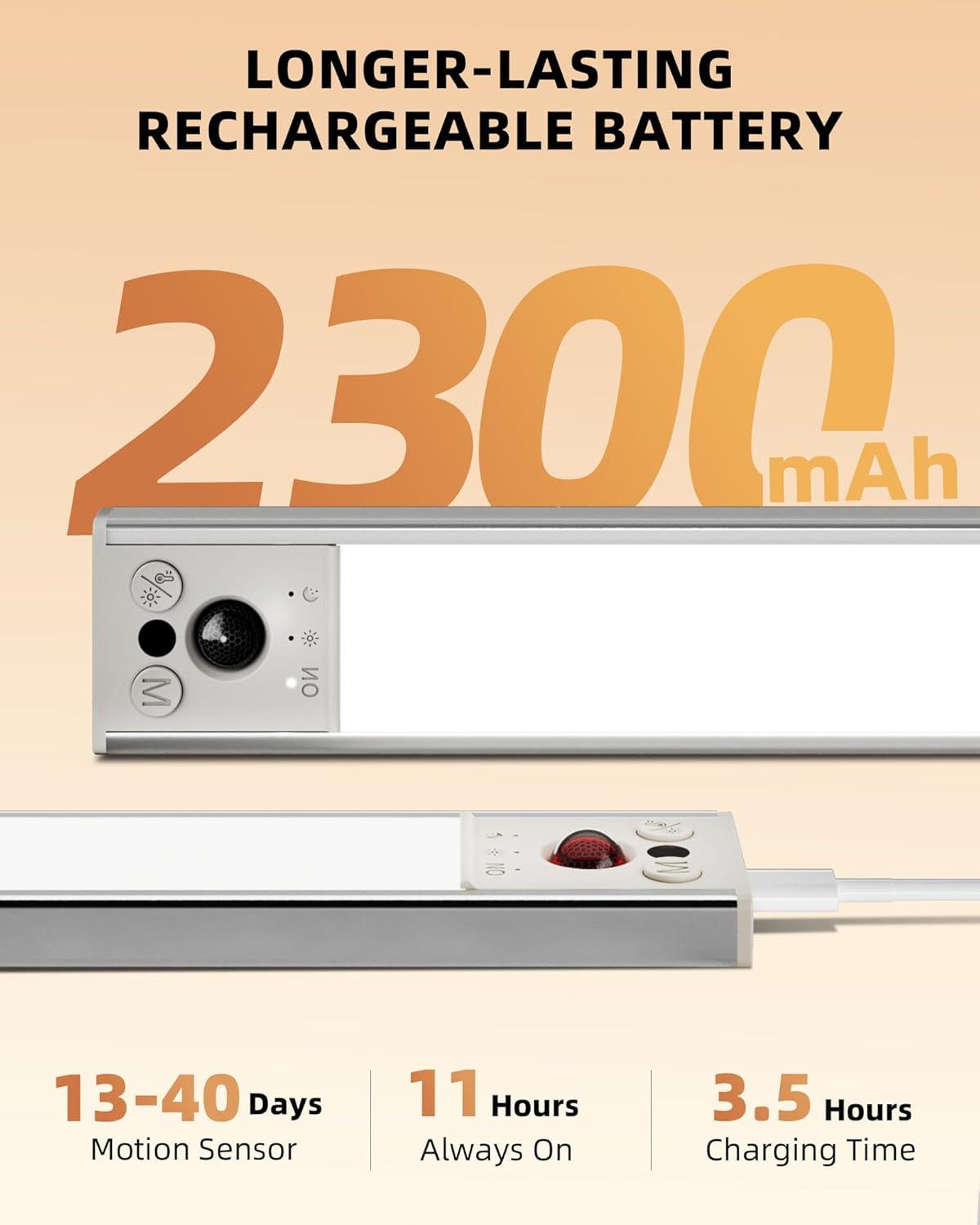 Image showing the 2300mAh rechargeable battery and charging via USB-C.