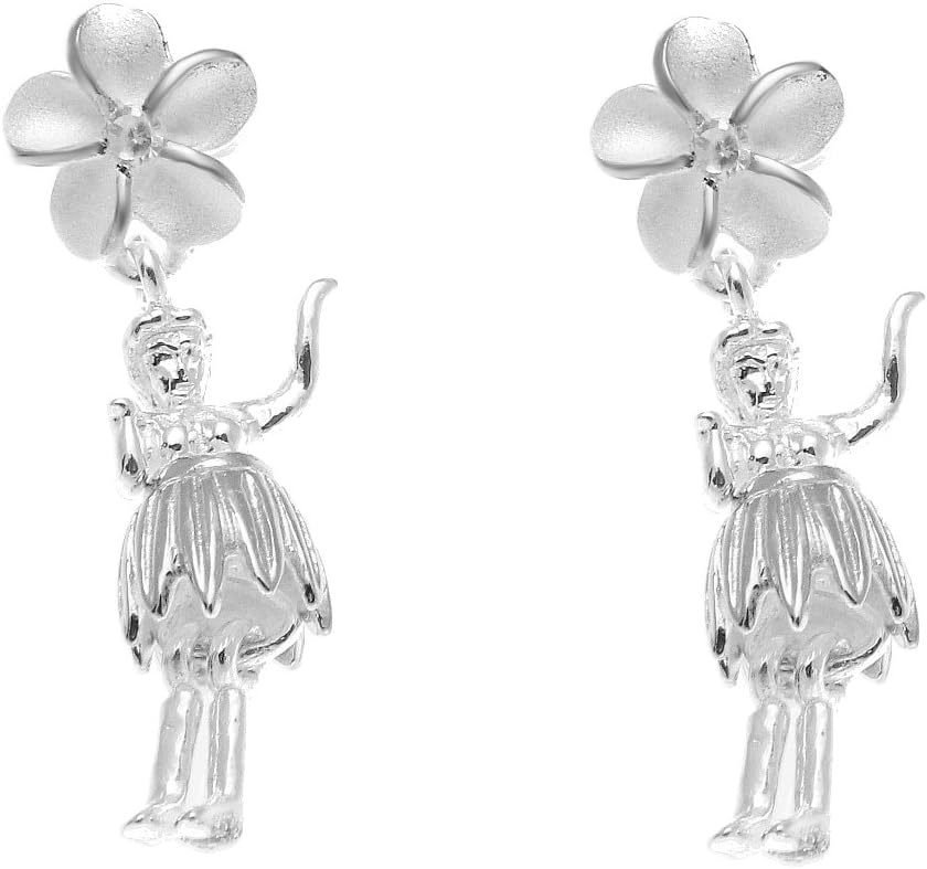925 Sterling silver Hawaiian cz plumeria flower hula girl post stud earrings
