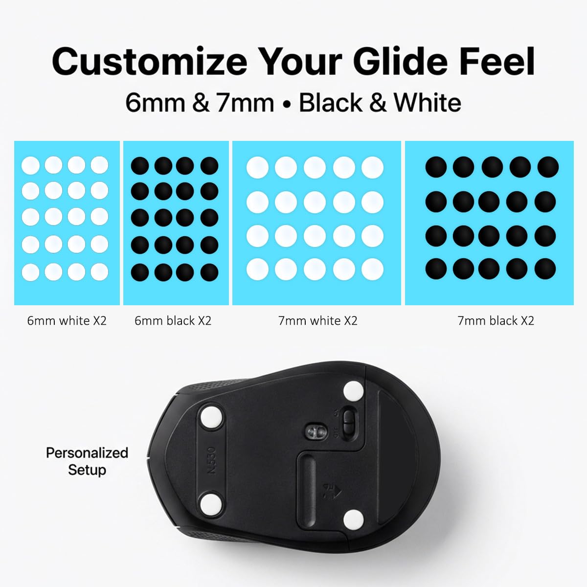 80 Mouse Skates, 6mm & 7mm Black/White Dot Skates for Custom Feel, Smooth Low-Friction Glide with Quiet Sound-Dampening, Glass Mouse Skates for Cloth & Hard Pads, Ideal for Gaming and Work - 4