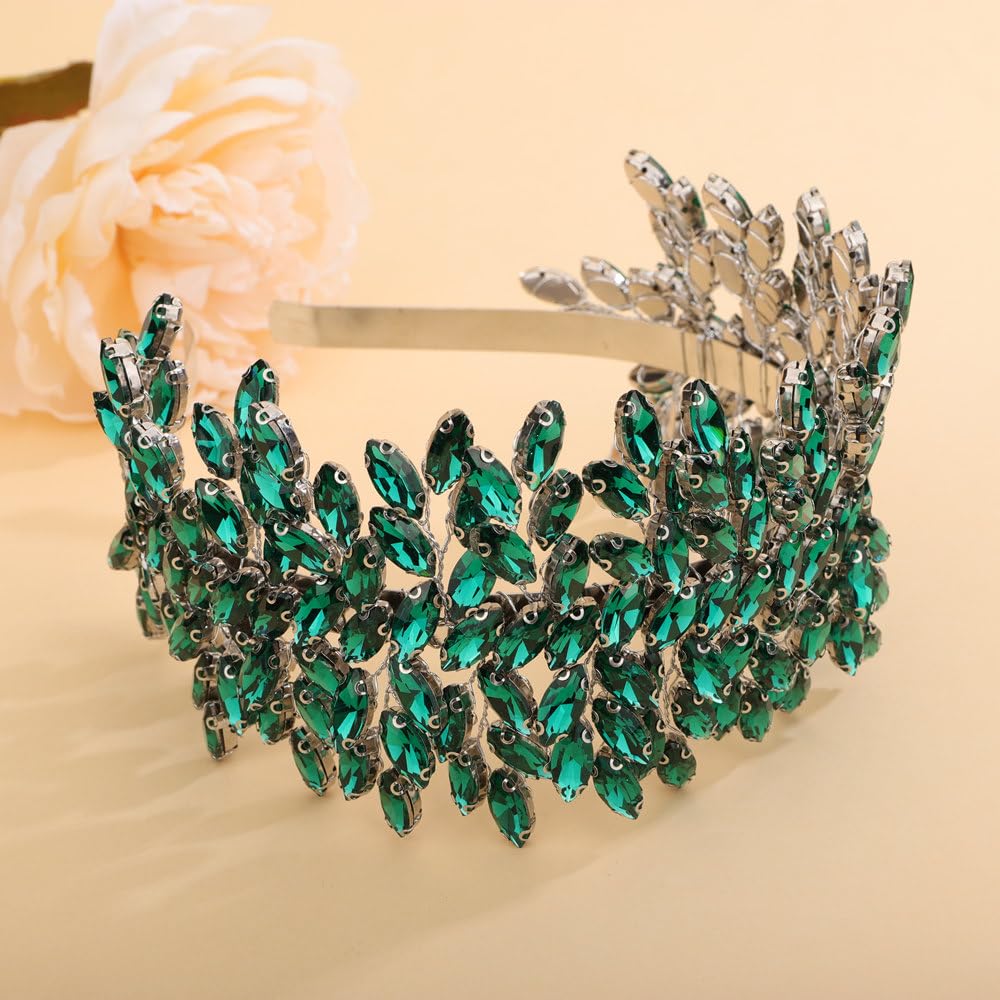 Bridal Rhinestone Headband Green Crystal Hair Hoop Wedding Party Accessory Green Rhinestone Gold Leaf Wedding Headpiece - Bridal  main image 2