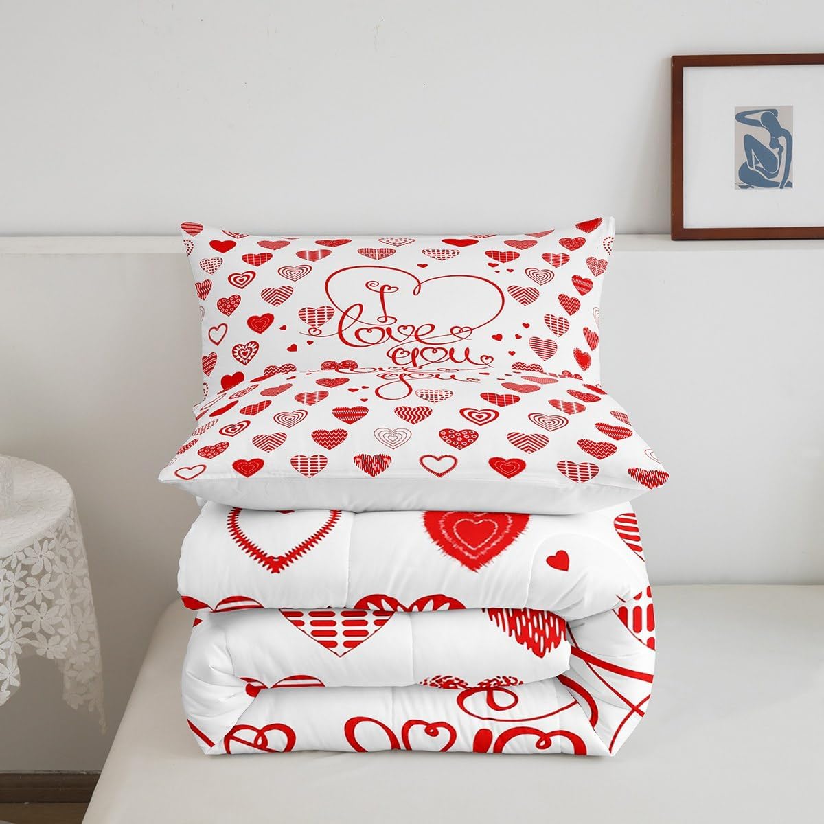 jejeloiu Kids Heart Love Comforter Set Queen Size Geometric Love Pattern Bedding Set for Boys Girls Teens Romantic Comforter Valentine's Day Red Duvet Set with 2 Pillow Case
