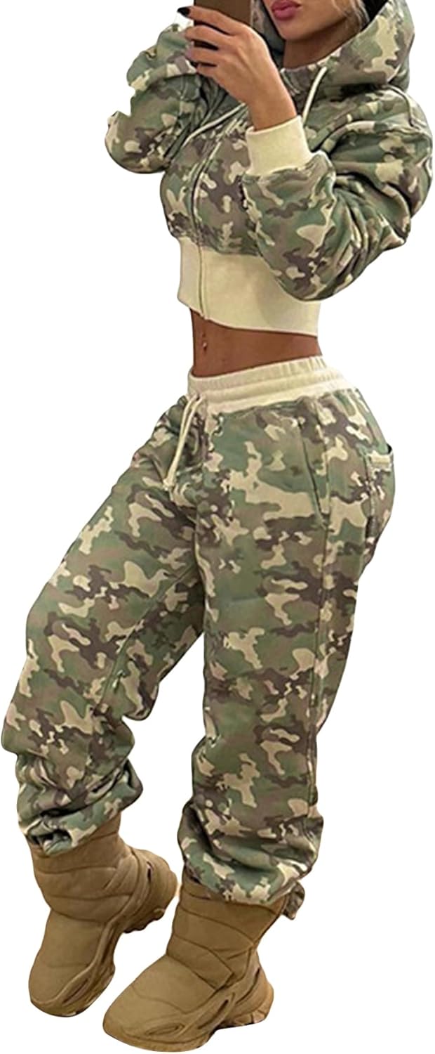 LETSVDO Women's 2 Piece Outfits Sweatsuit Camo Zip Up Crop Hoodie Sweatshirt Y2k Wide Leg Camouflage Sweatpants Set