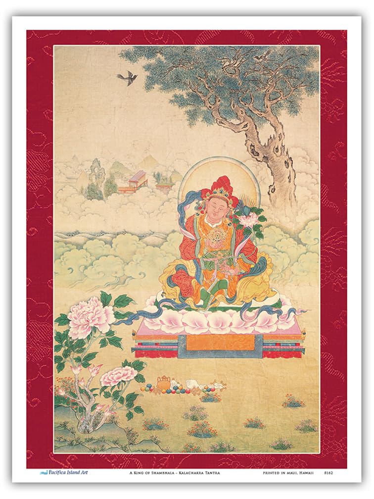 Pacifica Island Art - A King of Shambhala - Kalachakra Tantra - Vintage Tibetan Thangka Buddhist Painting - Master Art Print - 9in x 12in