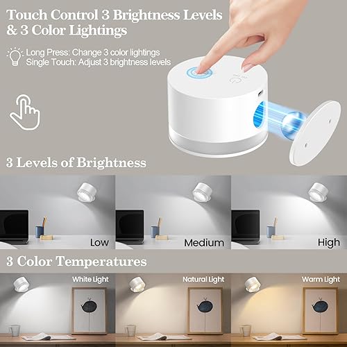 Miniatura 2 de Aplique de pared LED, luces LED de lectura montadas en la pared, lámpara de pared inalámbrica con batería recargable, 3 temperaturas de color y 3