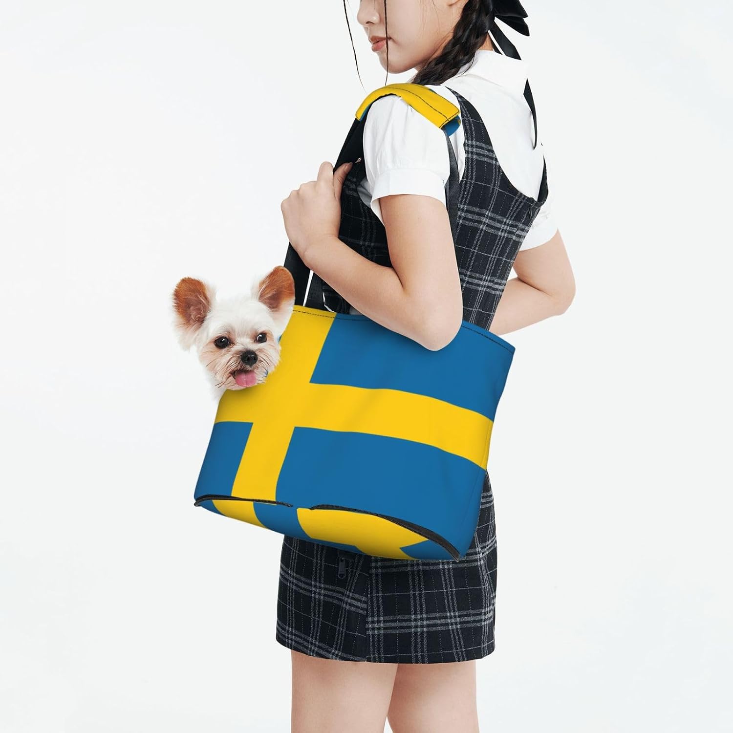 Swedish Flag Pet Tote Bag for Small Dogs and Cats, Travel Shoulder Carrier, Black, 15.2 x 10.4 x 7.5 Inches, Polyester, with Adjustable Shoulder Strap image 3