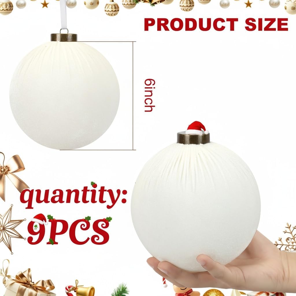 9 PCS Velvet Christmas Balls Ornaments 4inch& 6inch Christmas Large Ball Set for Xmas Tree Decor, Holiday Home Party (White, 6inch) White 6inch