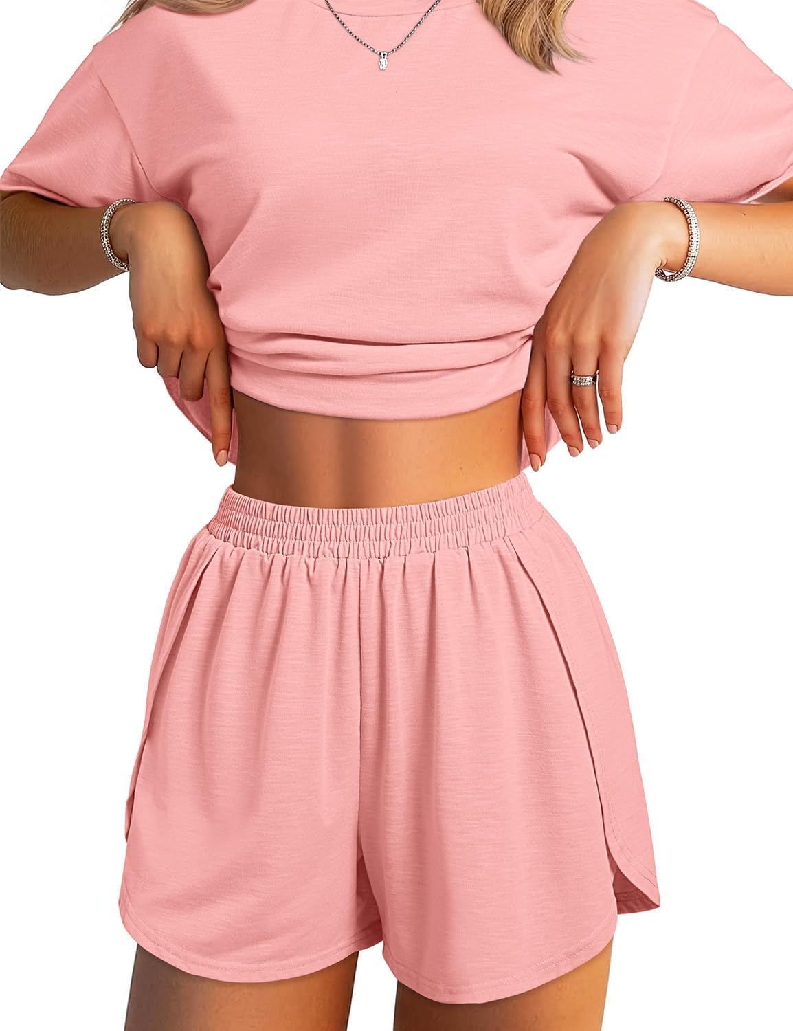 JUSTFASHIONNOW Split Short Bamboo Pajama Set Cute Summer Pjs for Women 2 Piece Short Sleeve Lounge Sets Soft Sleepwear