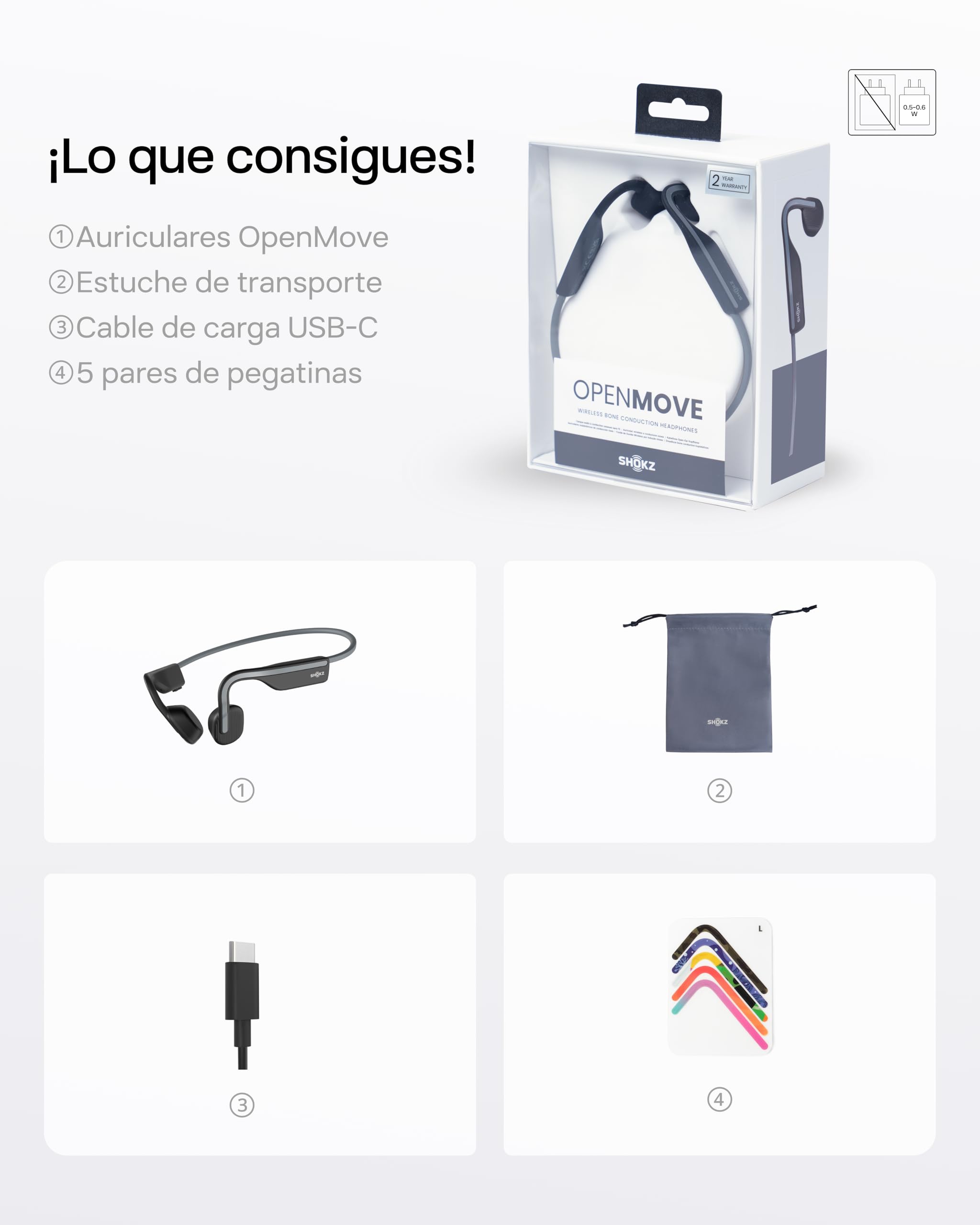 SHOKZ OpenMove Auriculares de Conducción Ósea Bluetooth 5.1, IP55, 29g, Gris