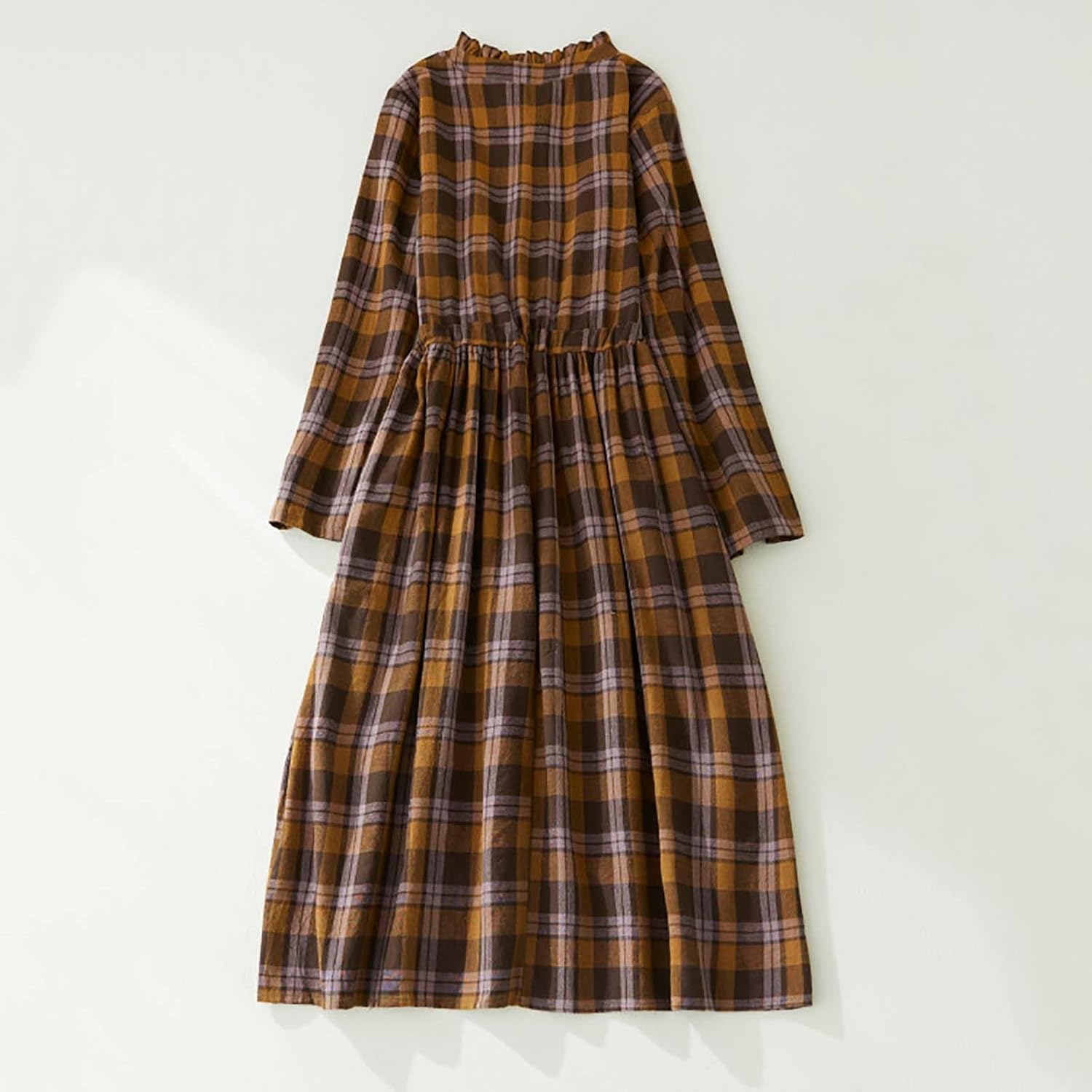 Retro Plaid Midi Dress for Women Cotton Linen High Waist Lace Up Button Dresses Casual Loose Flowy Vintage Dress