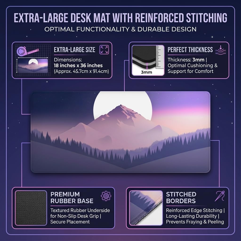 MASI Picks Minimalist Mountain Landscape Desk Mat (458 x 915 mm) – Premium Extended Mouse Pad with Stitched Edges & HD Print
