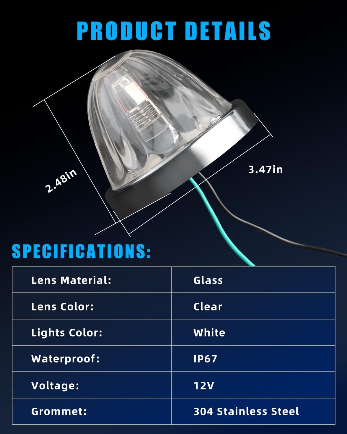 Glass Watermelon Lights Clear Lens White LED Side Marker Turn Signal Lights, [Ultra-Bright] 2 Lighting Modes Replacement for Kenworth Peterbilt Freightliner Trucks, 2 PCS