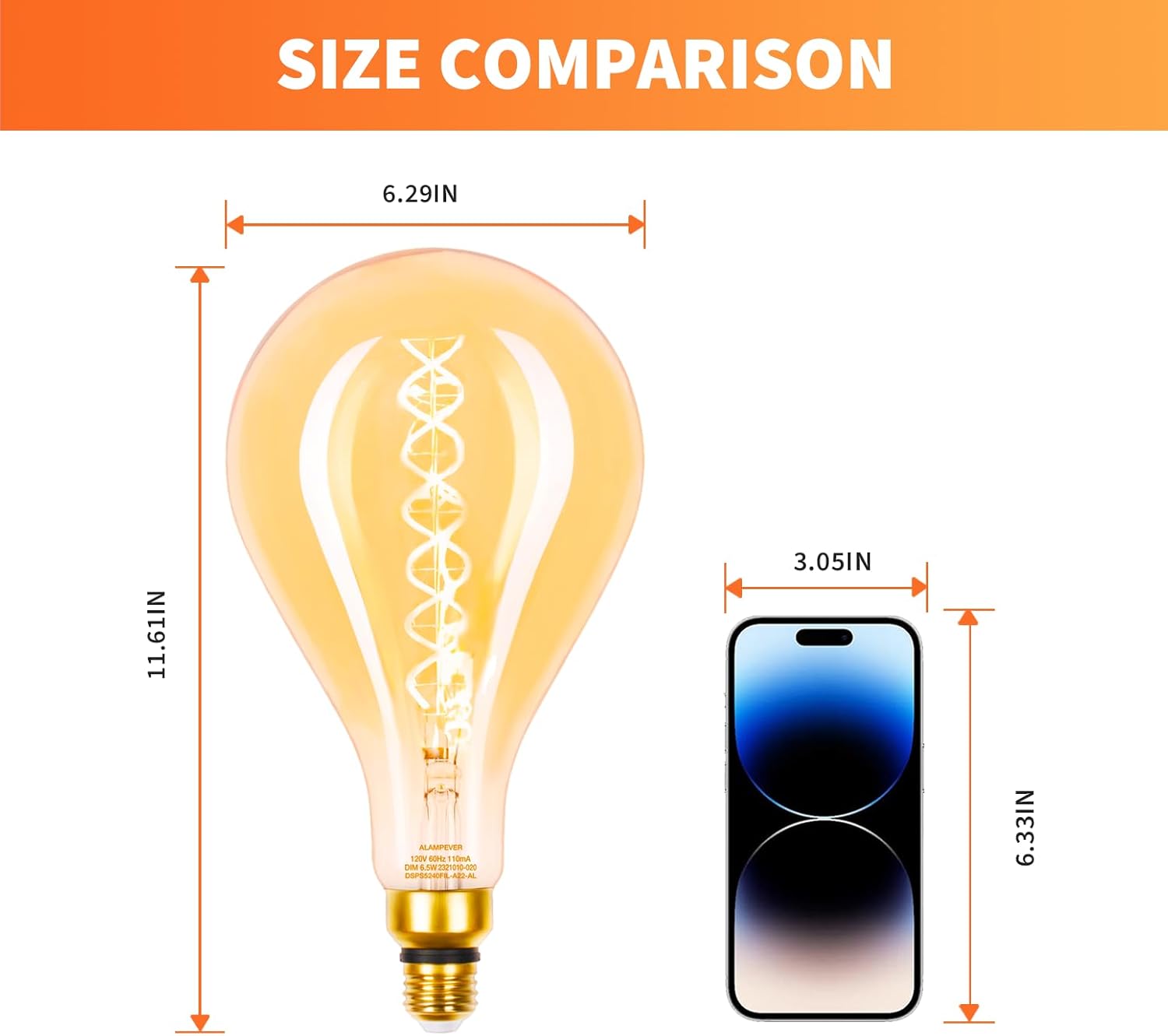 ALAMPEVER Decorative Oversized LED Edison Bulbs, Dimmable LED with 7W Equivalent to 60W Light Bulbs, 2200K Warm White, E26 Base, PS52