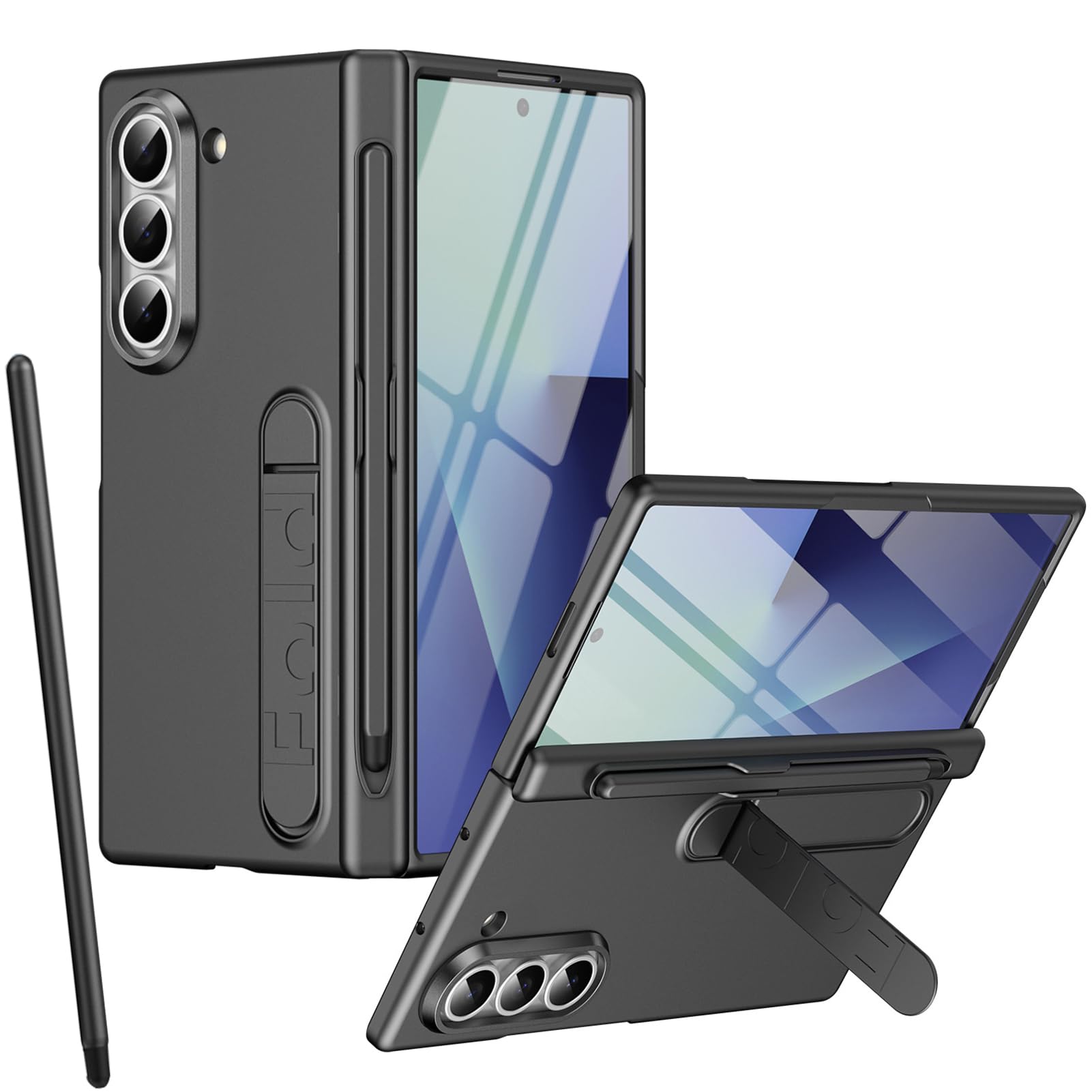 Custodia con supporto per Samsung Z Fold 6, Pellicola protettiva, Protezione Cerniera, Portapenne, Cover con pieghevole supporto per Samsung Galaxy Z Fold6 e penna stilo-Grigio