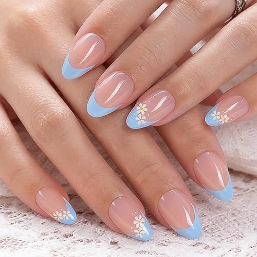 32PCS Spring Press on Nails Blue French Tip Short Almond
