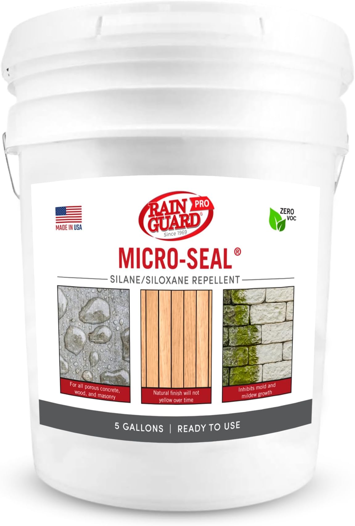 Rainguard Pro Micro-Seal, Surface Sealer for Water and Weather Damage, Ideal for All Porous Wood and Masonry Surfaces, Silane/Siloxane Water Repellent, Natural Finish, Ready to Use, 5 Gallons