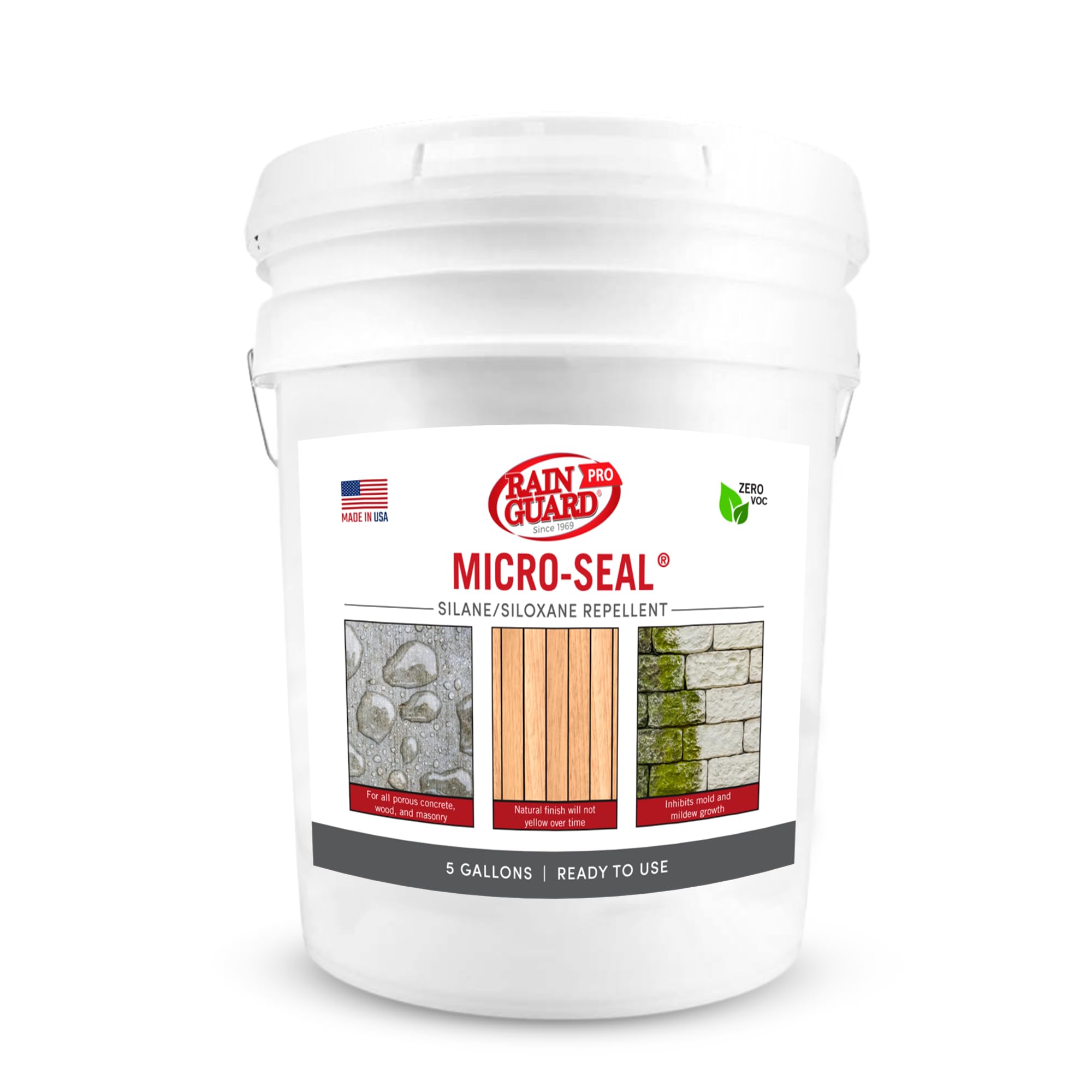 Rainguard Pro Micro-Seal, Surface Sealer for Water and Weather Damage, Ideal for All Porous Wood and Masonry Surfaces, Silane/Siloxane Water Repellent, Natural Finish, Ready to Use, 5 Gallons