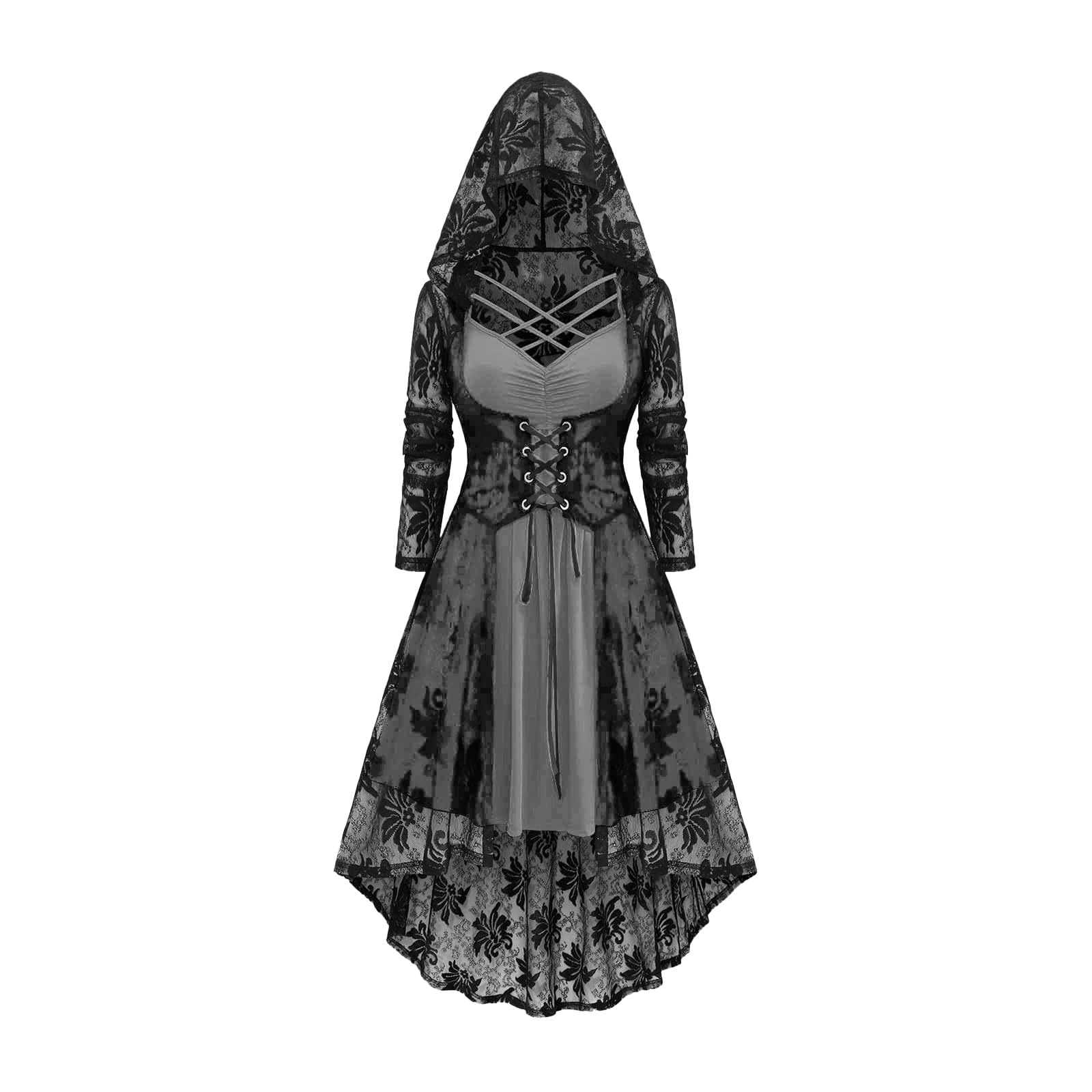 Meeyuioe Womens Halloween Gothic Dresses Plus Size A Line Y2K Hooded Dress Casual Off Shoulder Long Sleeve Party Evening Costumes Medieval Dress Women Gray XL