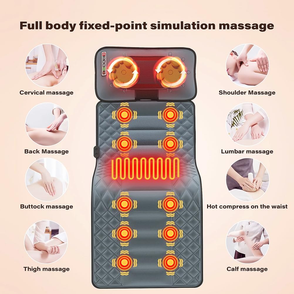 Estera de Masaje de Cuerpo Completo, Almohadilla De Colchón Vibratorio con Calor, 20 Cabezales De Masaje Shiatsu Para Cuello Espalda Cintura Piern