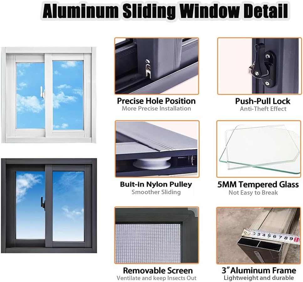 Basement Replacement Windows Aluminum Sliding Window with Screen and Tempered Glass 23 25 28 29 32 35 36 38 40in Home Window for Sheds Chicken Coops, Bathroom Makeover(White,32x15in)