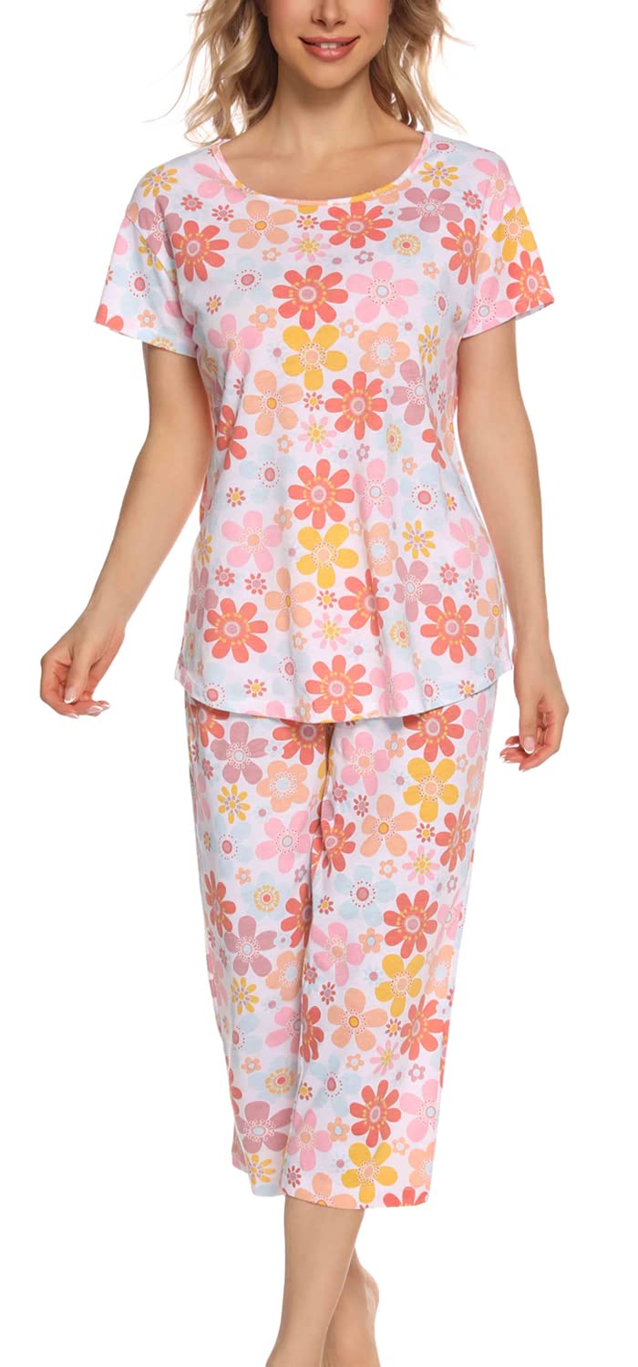 ENJOYNIGHT Pigiama da donna in cotone, a maniche corte, con pantaloni Capri, 2 pezzi
