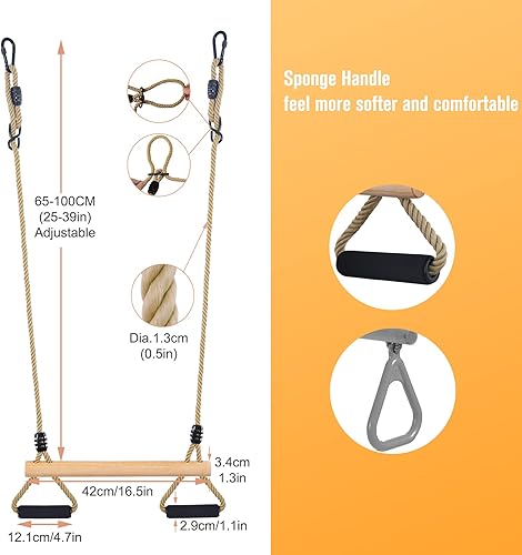 Miniatura 2 de Columpio de trapecio de madera con anillos de gimnasio para niños, juego de columpios para interiores y exteriores, jardín, patio, parque infantil