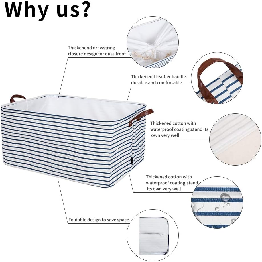 DOKEHOM 22-Inches Thickened X-Large Canvas Drawstring Underbed Toy Storage Laundry Basket -22x15x13 Inches- (Blue Strips, XL)