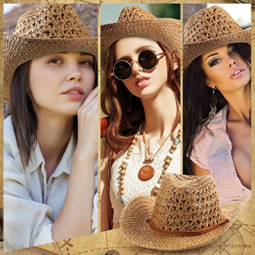 4 Pcs Cowgirl Hat Shapeable Wide Brim Classic Sun Woven Straw Hat Party Western Cowboy Hat For Adult Men Women Summer, Khaki #TOP3