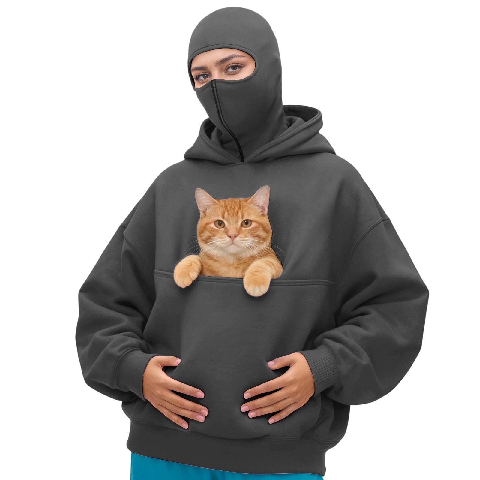 Sweat à capuche avec poche pour animaux en polaire Sherpa grise, douceur premium