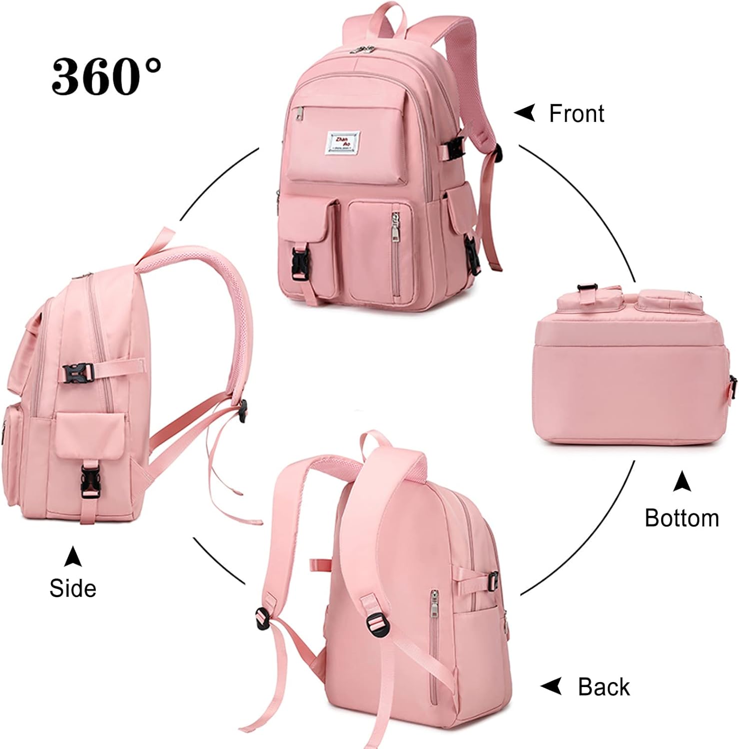 FANDARE Casual Backpack Girl Bag Daypacks Large Laptop Bag fit 15.6 inch Laptop Travel Rucksack Waterproof Polyester Pink