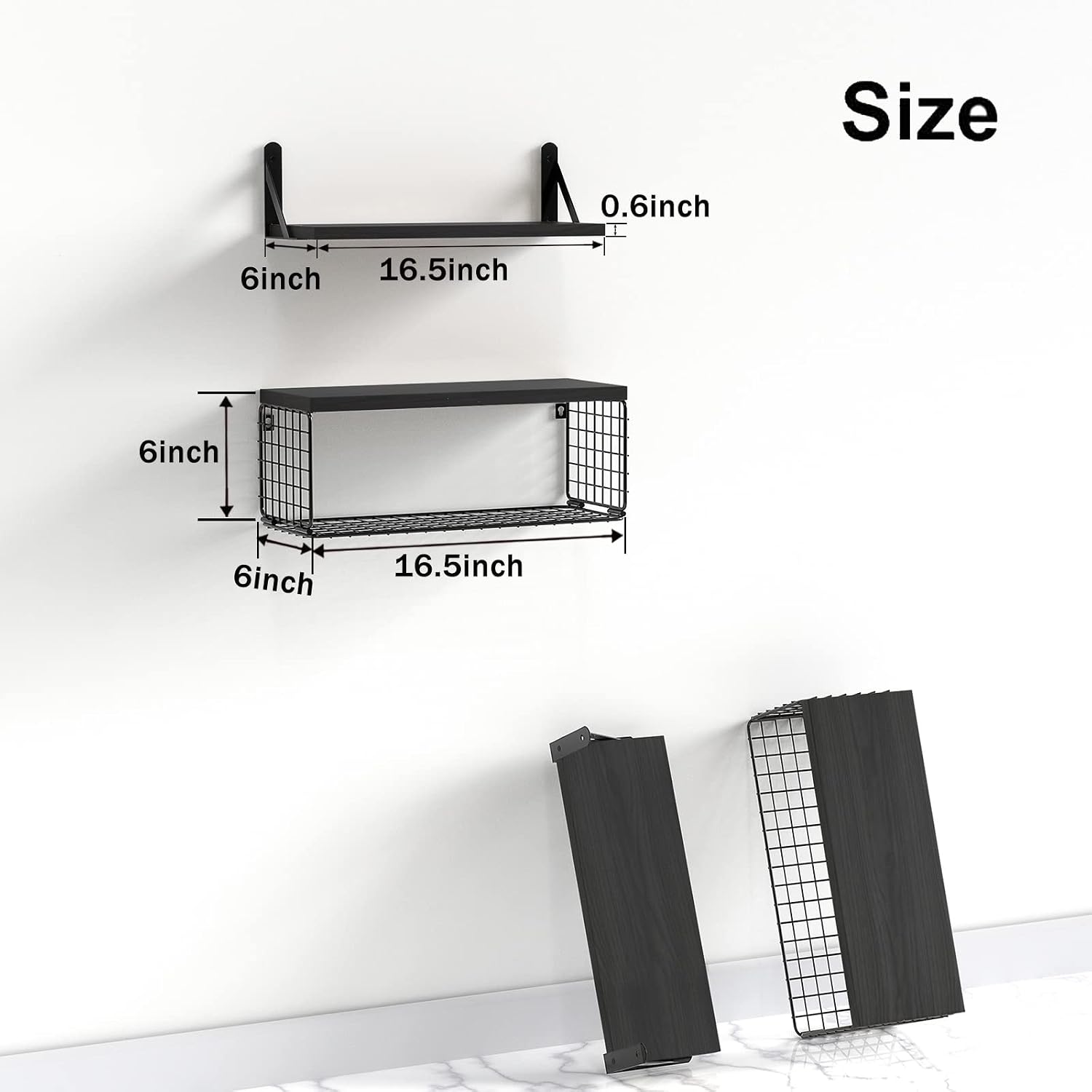 Wall Floating Shelves, Wall Mounted Shelf Set of 4, with Metal Baskets, Rustic Décor Style, Shelf for Bathroom, Kitchen, Bedroom, Storage, Living Room - Black. image 3