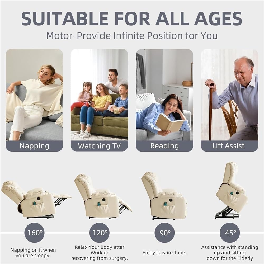 Power Lift Recliner Chair with Heat and Massage for Seniors Leather Electric Reclining Sofa with USB Ports and Cup Holders Side Pockets for Living Room Bedroom